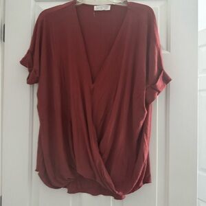 Brown Wrap Blouse with Cuffed Sleeves